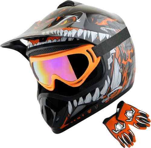Miniatura 16 de WOW Casco de motocross BMX MX ATV para niños y jóvenes, casco Dianosour Dragon + gafas + guante marciano juvenil: paquete HJOY MG