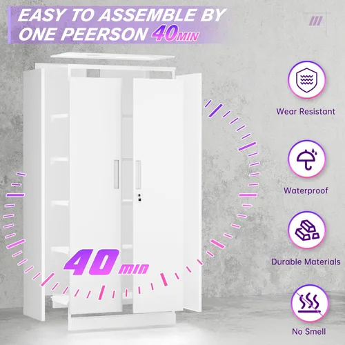Miniatura 8 de Superday Gabinetes de almacenamiento de metal, gabinete de almacenamiento de acero de 71 pulgadas con cerradura, armario alto blanco con 2 puertas