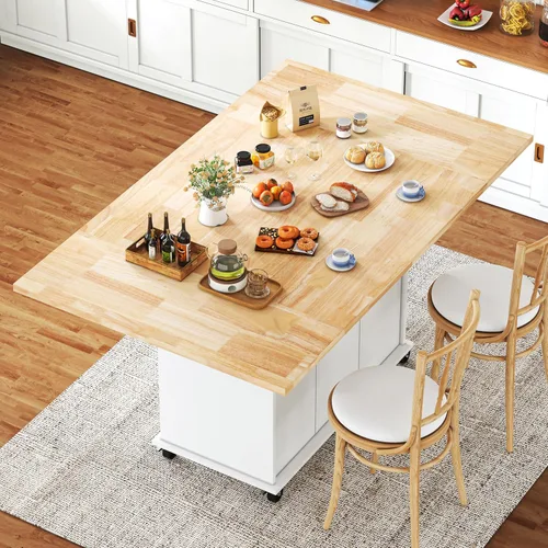 Miniatura 10 de Isla de cocina de 77.8 pulgadas con mesa extensible, isla de cocina rodante con armario de almacenamiento, cajones, estante para especias, toallero