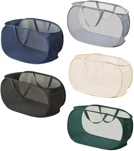 Miniatura 15 de 4 cestas de malla para ropa sucia, cesta de lavandería con apertura, cesta de lavandería desplegable con asas duraderas, cesta plegable de malla