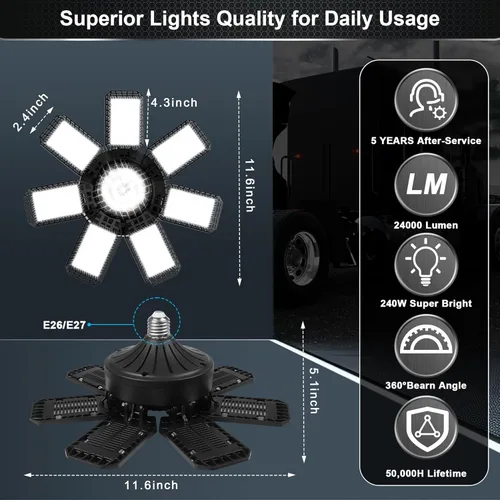Miniatura 4 de AUDLES Paquete de 4 luces LED de garaje, 240 W, 24000 lm, 6500 K, luces LED de techo, con 7+1 paneles deformables, base con rosca E26/E27