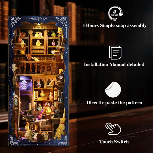 Miniatura 6 de Kit de manualidades DIY para rincón de lectura para adultos, rompecabezas de madera 3D con inserción para estanterías y decoración con luz led