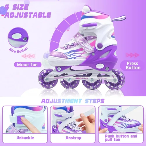 Miniatura 2 de Patines en línea para niñas y niños, patines ajustables de 4 tamaños para niños con ruedas de luz completa y jóvenes de 5 a 14 años, patines