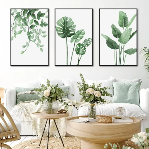 Miniatura 3 de MPLONG Póster de 3 piezas con diseño de plantas verdes, marco de lienzo adecuado para decoración de habitación, estética, sala de estar, dormitorio