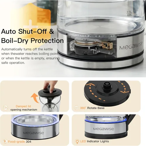 Miniatura 4 de Megawise Hervidor eléctrico de vidrio con apagado automático, sin BPA, tapa interior y base de acero inoxidable, indicador LED azul, fácil limpieza