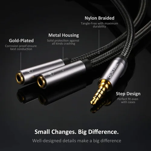 Miniatura 5 de DUKABEL Divisor de auriculares, resistente trenzado y chapado en oro de 0.138 in de audio estéreo en Y, cable divisor en Y de 4 polos macho a 2
