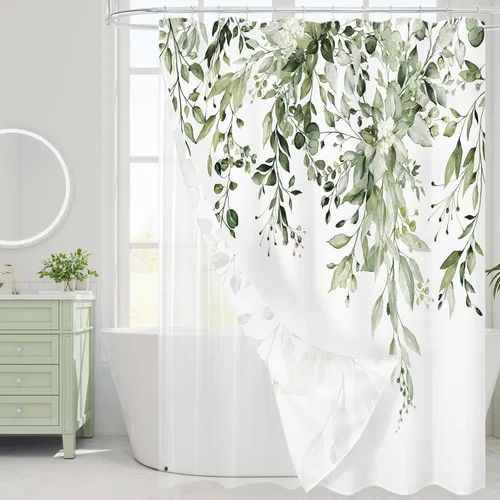 Miniatura 19 de Gibelle - Cortina de ducha de eucalipto marrón, hojas de plantas de acuarela con diseño floral, juego de cortina de ducha con ganchos, 72 x 72