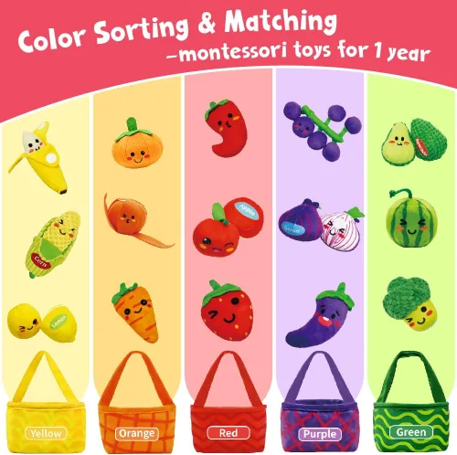 Miniatura 4 de Comida de juguete para niños pequeños de 1 a 3 años, cesta de frutas y verduras, sonajero de clasificación de color, juego de comida chirriante