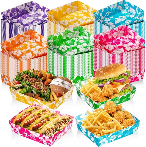 Miniatura 10 de Nitial 24 bandejas de papel de hibisco para fiestas, desechables, barcos de comida para fiestas, decoraciones temáticas hawaianas de 5 libras
