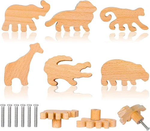 Miniatura 8 de Whaline 6 pomos de madera de dinosaurio con tornillos decorativos con temática de dinosaurio, pomos de tocador de madera natural, pomo de muebles