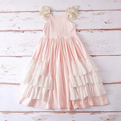 Miniatura 5 de Vestido largo bohemio con volantes para niñas, color rosa, manga de mosca, volantes, de verano, de algodón
