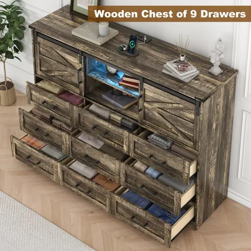 Miniatura 3 de Cómoda para dormitorio con 9 cajones, cómoda de madera de 43 pulgadas de alto con puertas corredizas de granero, luces LED, soporte de TV moderno