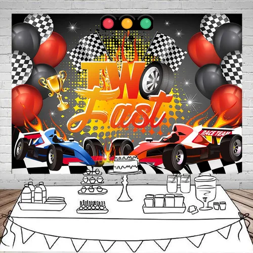 Miniatura 2 de Mocsicka Telón de fondo de cumpleaños de Two Fast Cars para fiestas temáticas de carreras para niños y niños, globo rojo de carreras de coche