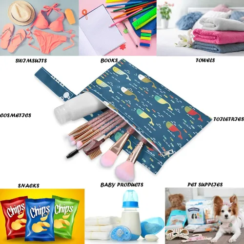 Miniatura 3 de visesunny Bolsa húmeda divertida de ballenas y peces coloridos para niños, 2 piezas, con bolsillos con cremallera, lavable, reutilizable, espaciosa