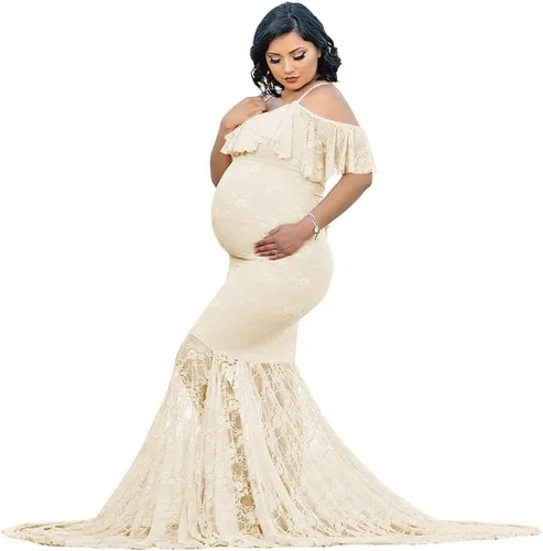 Vestido de maternidad con volantes y hombros descubiertos para mujer, para fotografía, baby shower, vestido floral de sirena para sesión de fotos