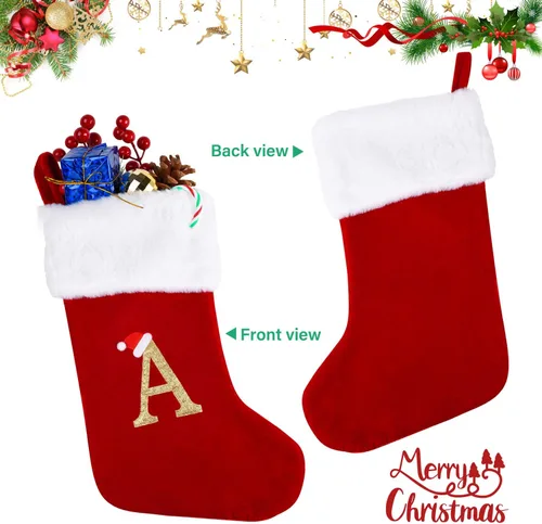 Miniatura 3 de Medias de Navidad con monograma de 20 pulgadas con letras, medias de Navidad grandes súper suaves, terciopelo rojo con puño de felpa blanco súper