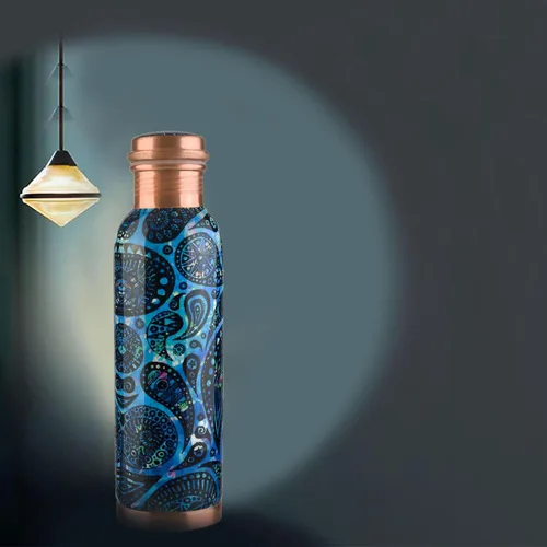 Miniatura 3 de Botella de agua de cobre con estampado puro, a prueba de fugas, recipiente de cobre ayurvédico para deportes, gimnasio, aire libre, yoga, beneficios