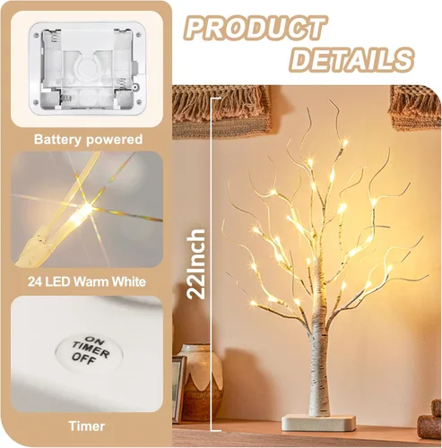 Miniatura 3 de EAMBRITE Árbol de abedul con luces LED para decoración de Navidad en interiores, árbol de mesa iluminado de 22 en 24 LED, ramita blanca, funciona