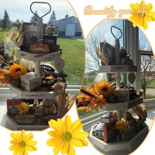 Miniatura 2 de MRPAPA Soporte de bandeja de 3 niveles, decoración de cocina de granja grande con fácil montaje, bandejas decorativas rústicas de 3 niveles, soporte