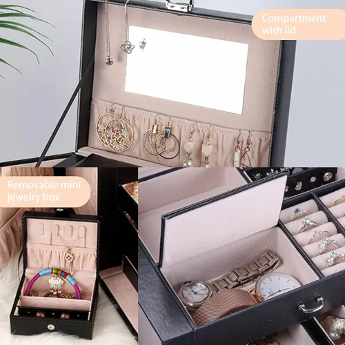 Miniatura 4 de DREAM&GLAMOUR - Cajas de joyería grande, de piel sintética, organizador de joyas de piel sintética con espejo y cerradura. Caja de almacenamiento