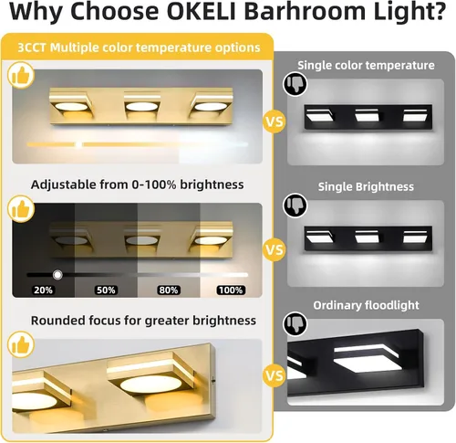 Miniatura 2 de OKELI Lámpara LED de tocador de baño de 3 luces, accesorios de iluminación de pared de baño modernos dorados sobre espejo (3CCT, 3000K-6000K)