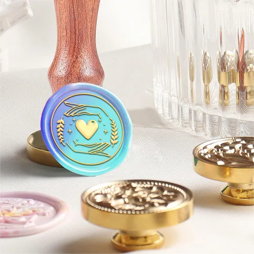 Miniatura 6 de MAYJOYDIY Sello de cera con forma de corazón y manos, sello de cera de sellado, patrón de estrella de hierba, cabeza de latón extraíble, mango