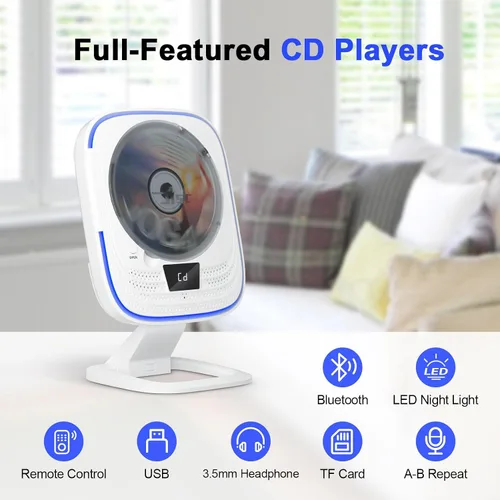 Miniatura 6 de Reproductor de CD portátil Bluetooth 5.0 Boombox HiFi Altavoces estéreo, radio FM con control remoto, luces LED, TF/USB, conector para auriculares