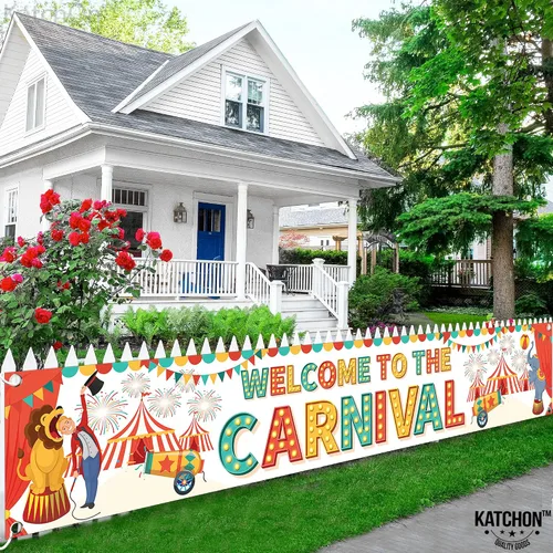 Miniatura 7 de Fondo de bienvenida al carnaval: 120 x 20 pulgadas, pancarta de carnaval para patio, decoraciones de fiesta temática de carnaval, juegos de carnaval
