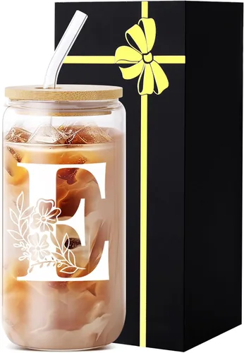 Miniatura 9 de Vaso de vidrio con monograma con tapa, pajita, idea de regalo de moda para amantes del café para mujeres y adolescentes, regalo personalizado