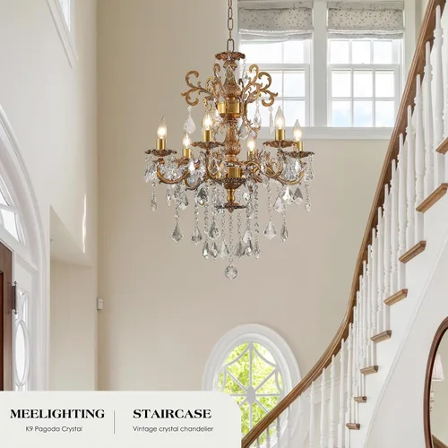 Miniatura 5 de Candelabros de cristal de bronce antiguo de lujo con lámpara colgante de vela, lámpara de techo de 6 luces de cristal dorado para comedor, sala