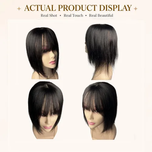 Miniatura 5 de Peluca de cabello humano para mujer con flequillo, peluca con clip para cabello fino + base de cuero cabelludo de poliuretano de alta densidad