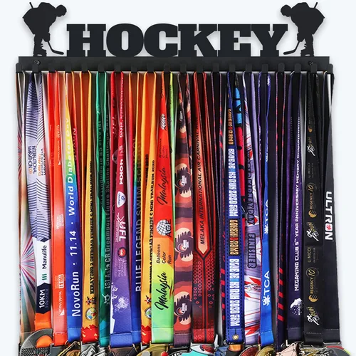 Miniatura 8 de Goutoports Soporte de exhibición de medallas de hockey para carreras deportivas, metal de acero negro resistente con más de 60 medallas, fácil