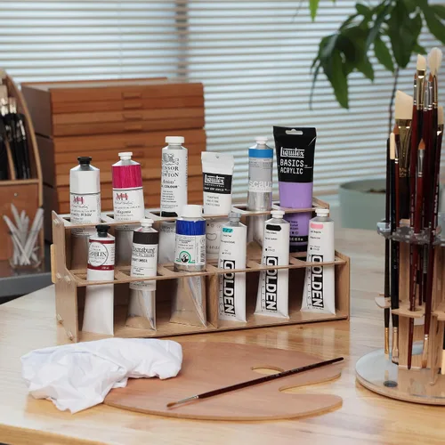 Miniatura 3 de Mezzo Artist Paint and Brush Rack - Soporte de Escritorio Multicapa de Laminado Veteado de Madera Organizador de Almacenamiento y Exhibición