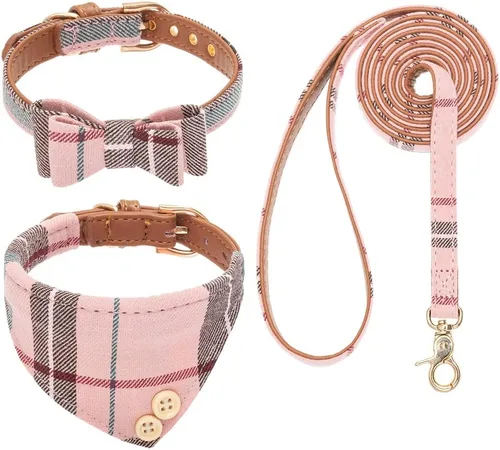 Miniatura 30 de EXPAWLORER Juego de collar y correa para perro - Corbata de moño clásica a cuadros para perro y collar bandana para perro con campana, correa