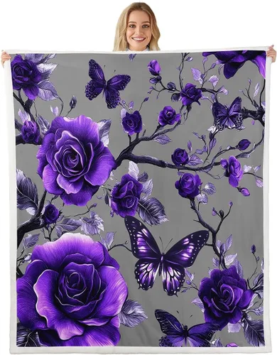 Miniatura 9 de Manta de franela azul rosa para todas las estaciones, manta de cama gótica de mariposa para decoración del hogar kawaii, manta rústica con flores
