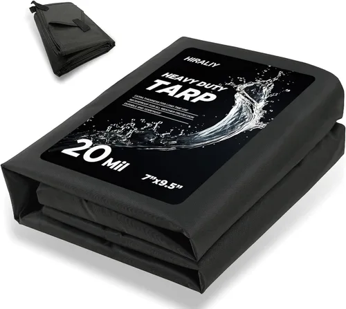HIRALIY Lona impermeable resistente de 20 mil, lona negra de 7 x 9.5 pies con bucles de cincha reforzados, lona de tela Oxford multiusos para leña,