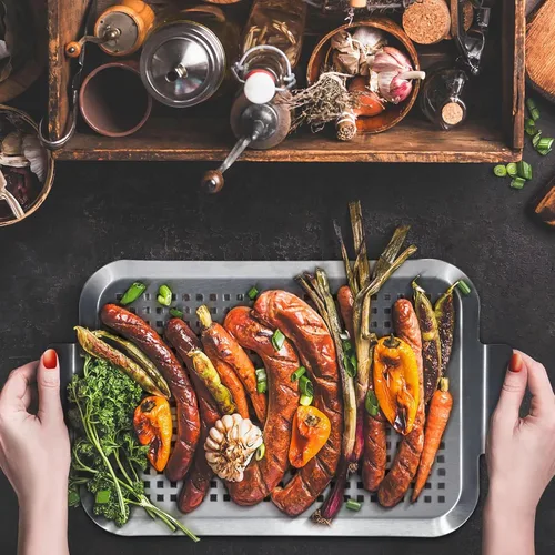 Miniatura 5 de Set de 2 bandejas para parrilla, topper para parrilla de exterior, cestas para asar de acero inoxidable con agujeros y asas, bandeja perforada