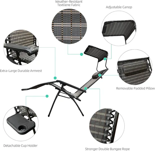 Miniatura 6 de Jeco Silla de gravedad cero de gran tamaño con sombrilla y bandeja para bebidas, color negro y marrón