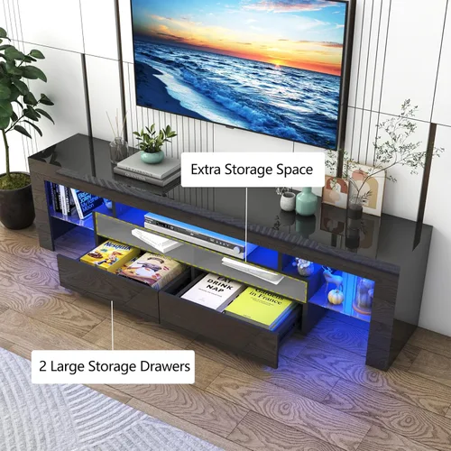 Miniatura 3 de Vinctik 6&Fox Soporte de TV negro para TV de 55/60/65 pulgadas, centro de entretenimiento moderno con 2 cajones de almacenamiento y luz LED, mueble