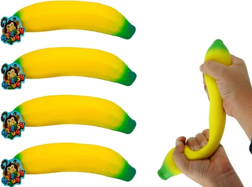 JA-RU Juguete elástico de plátano (paquete de 4) – Juguete antiestrés de plátano esponjoso relleno de arena para niños, frutas esponjosas, juguete