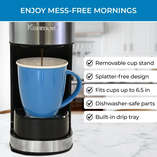 Miniatura 4 de Koolatron Kenmore - Cafetera de una sola porción y taza de viaje de acero inoxidable, compatible con cápsulas/pods y café molido, compatible con K
