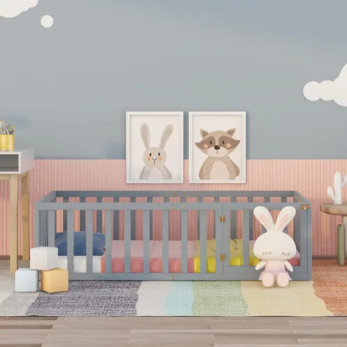 Miniatura 3 de Bellemave Montessori - Cama de suelo para niños, marco de cama de tamaño individual con barandillas en forma de valla y puerta, cama individual