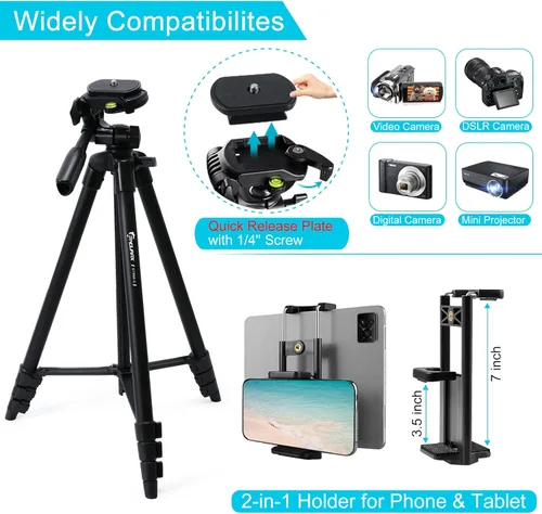 Miniatura 2 de Endurax Trípode de cámara de 60 pulgadas para Canon Rebel Eos Nikon DSLR, trípodes de viaje para tableta de teléfono con control remoto, color negro