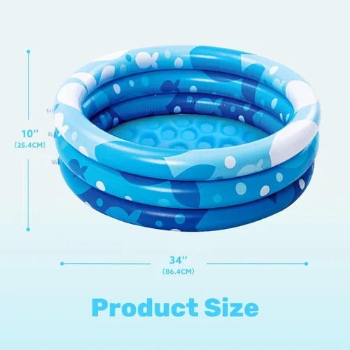 Miniatura 8 de Sloosh Piscina inflable para niños, piscina inflable de 34 x 10 pulgadas, 3 anillos azules para bebés, hoyo de juego para perros