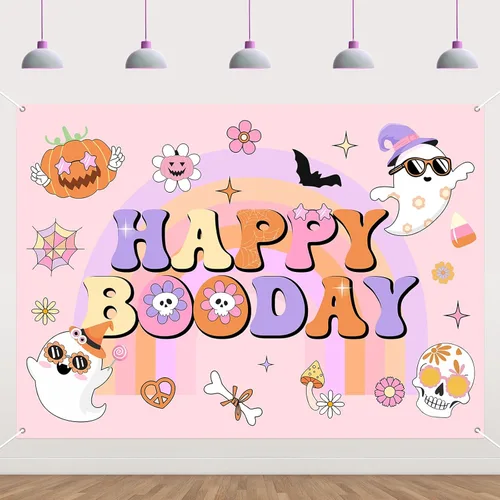 Groovy - Decoración de fiesta de cumpleaños de Halloween, 7 x 5 pies, pancarta de fondo de feliz día de abucheo para niña, decoración bohemia arco
