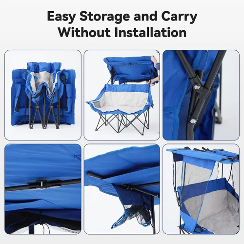 Miniatura 8 de Sillas de campamento dobles con toldo plegable, silla de playa resistente, de gran tamaño, silla de dos plazas acolchada para exteriores, para 2