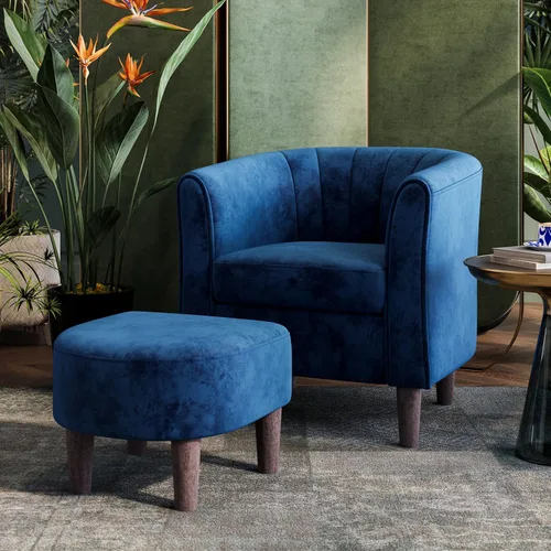 Miniatura 8 de LINSY Silla decorativa con otomana, sillón moderno, cómoda silla de lectura de barril con reposapiés para sala de estar, dormitorio, sala de Beige