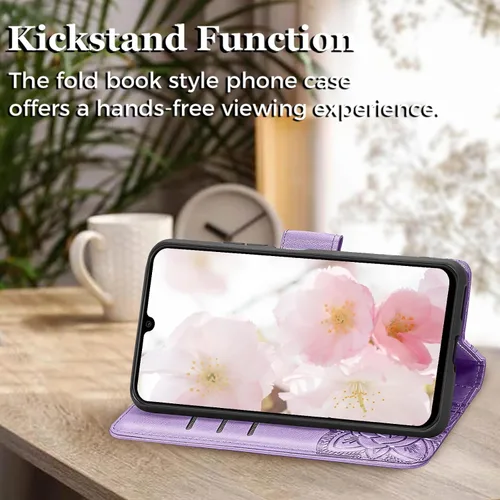 Miniatura 3 de Funda para teléfono Galaxy A14 5G, cartera con tapa para mujer, de piel sintética en relieve de mariposa con tarjeteros de crédito, correa de Lavanda