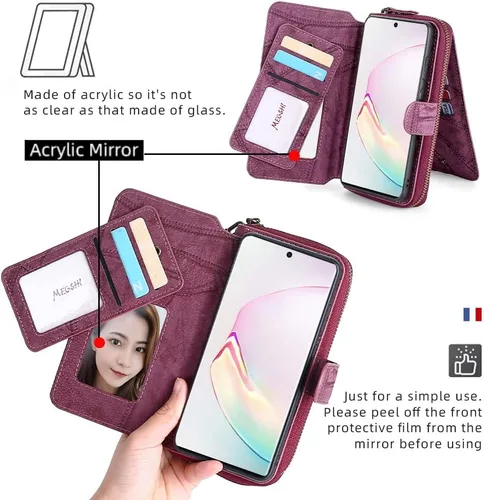 Miniatura 4 de Asuwish Funda de teléfono para Samsung Galaxy Note 10 Plus Note10+ 5G con cremallera, funda desmontable con protector de pantalla y ranura para Rojo