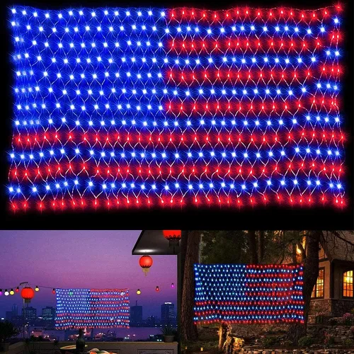 Miniatura 9 de Luces solares de bandera estadounidense, 420 luces LED impermeables de red de bandera estadounidense, decoraciones del día de la independencia, 8